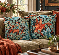 Pair of Acanthus Peacock & Bird Tapestry Cushions with Feather Filler - 46x46cm - Save &pound;40
