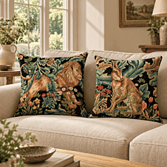 Pair of Forest Lion & Hare Tapestry Cushions with Feather Filler - 46x46cm - Save &pound;20