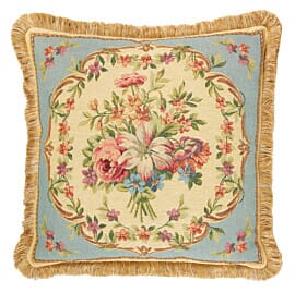 Aubusson Bouquet Blue Tapestry Cushion with Gold Fringe - 48x48cm (19"x19")