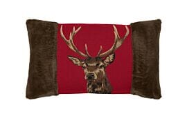 Scottish Stag Red Tapestry Cushion with Faux Fur sides with Feather Filler - 33x60cm