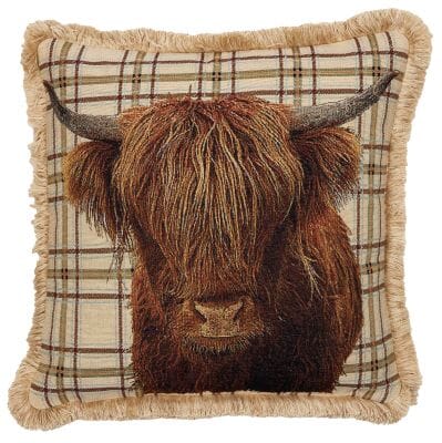 Highland Cow with fringe Tapestry Cushion - 46x46cm (18"x18")