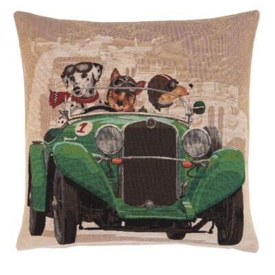 Racing Dogs Green Tapestry Cushion with filler - 46x46cm (18"x18")