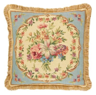 Aubusson Bouquet Blue Tapestry Cushion with Gold Fringe - 48x48cm (19"x19")