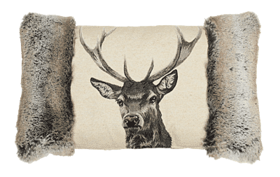 Country Linen Stag with Faux Fur Cushion with Feather Filler - 33x60cm (13"x24")