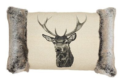 Country Linen Stag with Faux Fur Large Cushion with Feather Filler - 45x65cm (18"x25")