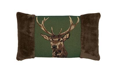 Scottish Stag Green Tapestry Cushion with Faux Fur sides with Feather Filler - 33x60cm