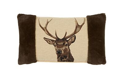 Scottish Stag Beige Tapestry Cushion with Faux Fur sides with Feather Filler - 33x60cm