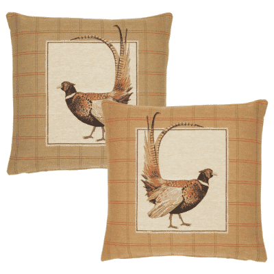 Pair of Fantail Pheasant Left & Right Tapestry Cushions with Feather Filler - 46x46cm - Save £20