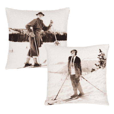 Pair of Vintage Skiing Tapestry Cushions with Feather Filler - 46x46cm - Save £20