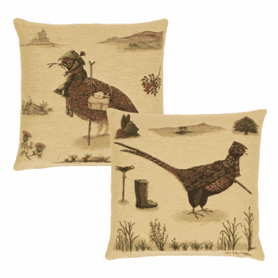 Pair of Phillip Pheasant & Henry Grouse the Stalker Tapestry Cushions with Feather Filler - 46x46cm - Save £20