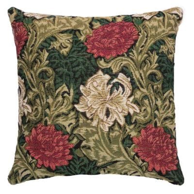 Chrysanthemums Green Cushion with Feather Filler - 33x33cm (13"x13")