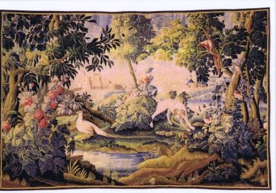 Verdure aux Chien et Oiseaux Exotiques Antique Original Tapestry