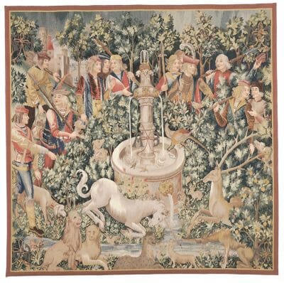 La Licorne a la Fontaine (The Unicorn at the Fountain) Handwoven Tapestry - 180 x 183 cm (5'11" x 6'0") - Requires Rod Size 5