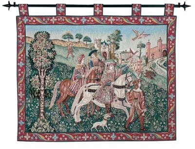 Leaving for the Hunt (Red Border) Loom Woven Tapestry - 4 Sizes Available