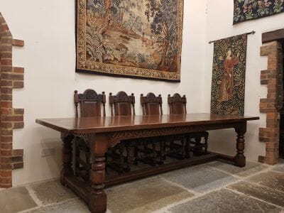 Hand-Carved Oak Refectory Table  with S-Curve Rails                    10'0" x 3'6"