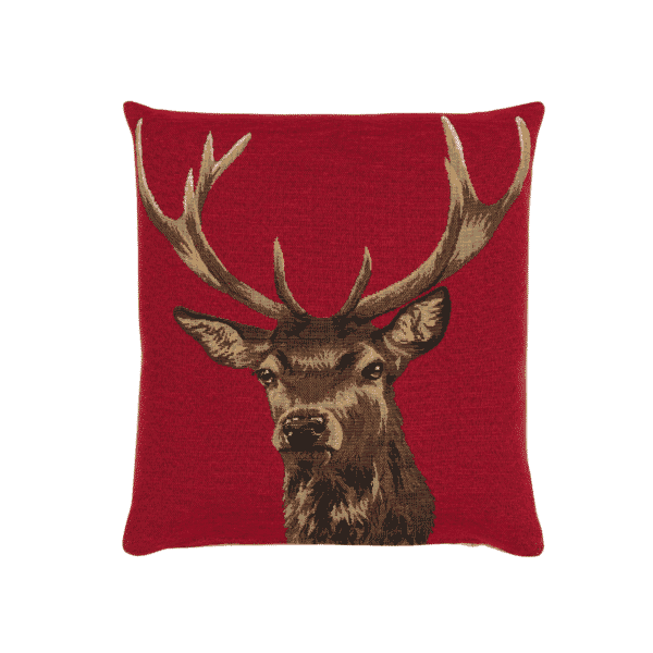 Stag on Red Tapestry Cushion with Feather Filler - 33x33cm (13