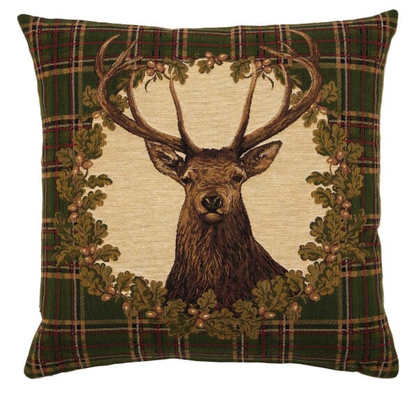 Stag - Green Tartan Tapestry Cushion - 46x46cm (18