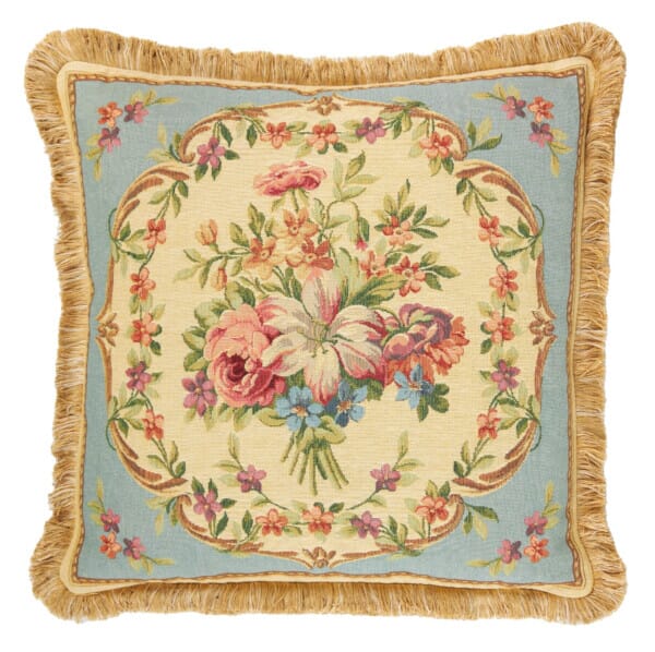 Aubusson Bouquet Blue Tapestry Cushion with Gold Fringe - 48x48cm (19