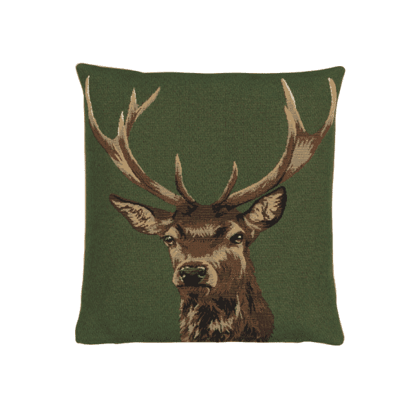 Stag on Green Tapestry Cushion with Feather Filler - 33x33cm (13