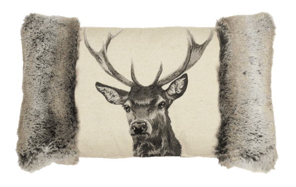 Country Linen Stag with Faux Fur Cushion with Feather Filler - 33x60cm (13