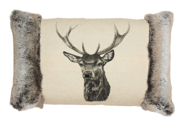 Country Linen Stag with Faux Fur Large Cushion with Feather Filler - 45x65cm (18