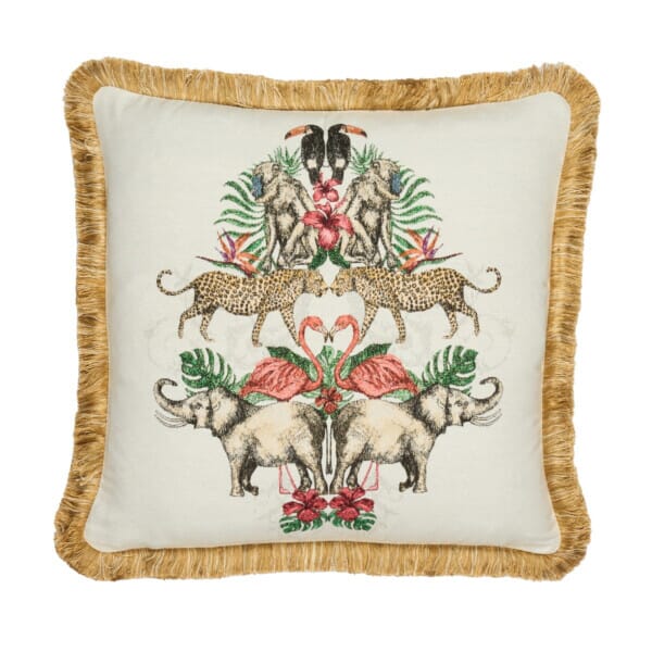 Exotic Animals Cushion with Gold Fringe - 46x46cm (18