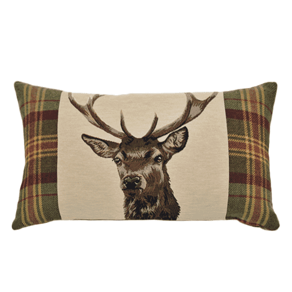 Stag Beige with Plaid Tapestry Cushion with Feather Filler - 33x55cm (13”x22”)
