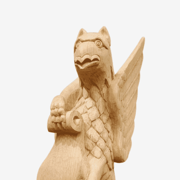Solid Oak Hand-Carved Griffin Heraldic Beast - H. 44 cm Base: W.11.5 x D.17 cm