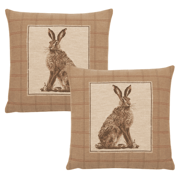 Pair of Country Hare Left & Right Tapestry Cushions with Feather Filler - 46x46cm - Save £20