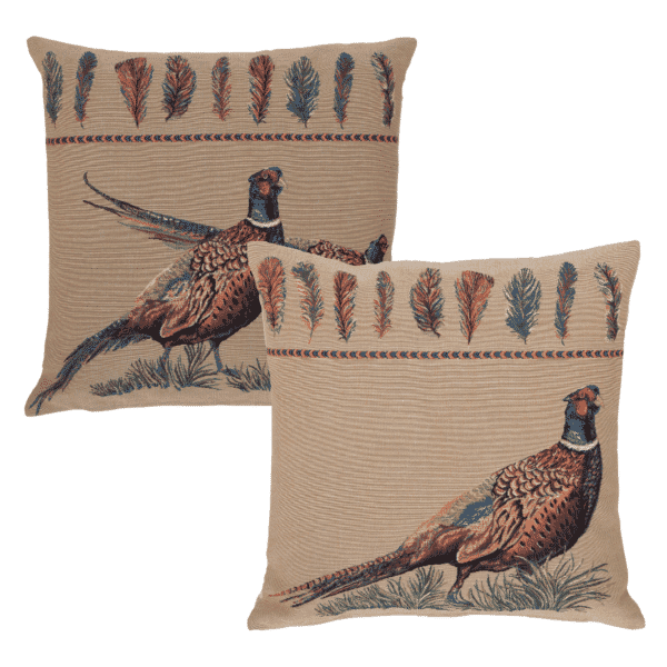 Pair of Pheasants Tapestry Cushions with Feather Filler - 46x46cm - Save £20