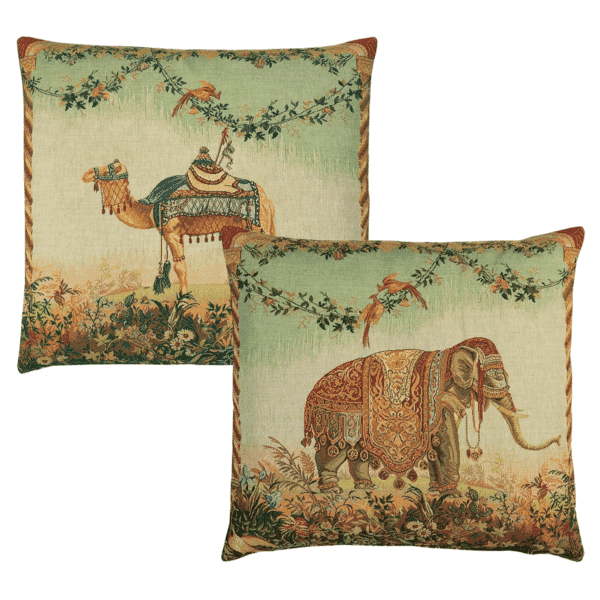 Pair of Elephant & Camel Tapestry Cushions with Feather Filler - 46x46cm - Save £20