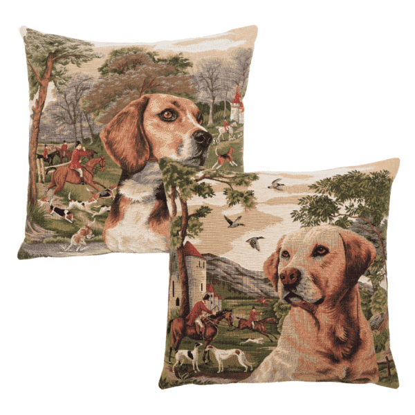 Pair of Beagle & Retriever Tapestry Cushions with Feather Filler - 46x46cm - Save £20