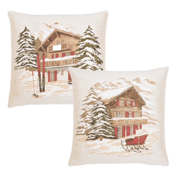 Pair of Alpine Skiing Lodge & Winter Chalet Tapestry Cushions with Feather Filler - 46x46cm - Save £20