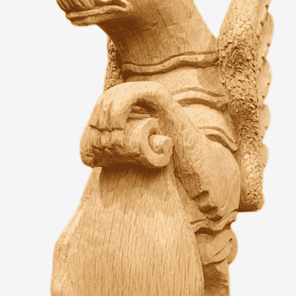 Solid Oak Hand-Carved Wyevern Heraldic Beast - H. 31 cm Base: W.7.5 x D.11.5 cm