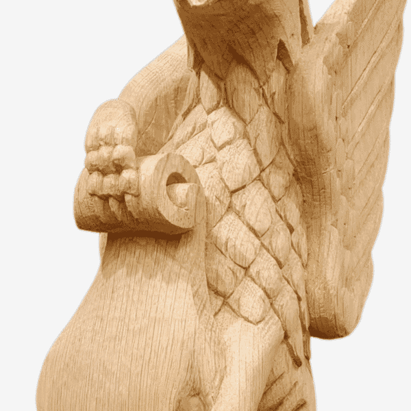 Solid Oak Hand-Carved Griffin Heraldic Beast - H. 44 cm Base: W.11.5 x D.17 cm