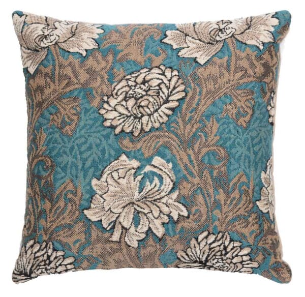 Chrysanthemums Aqua Cushion with Feather Filler - 33x33cm (13