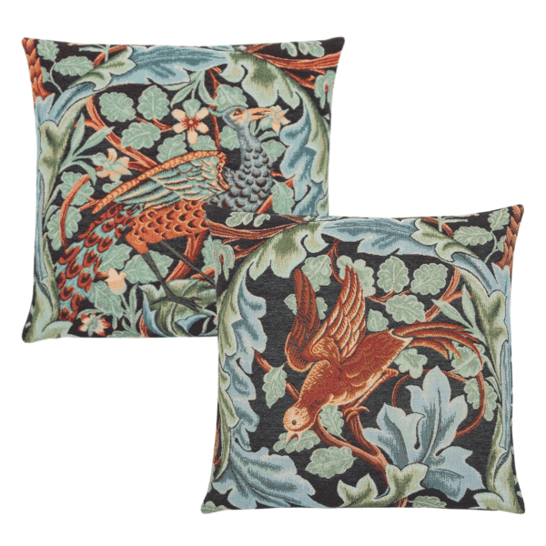 Pair of Acanthus Peacock & Bird Tapestry Cushions with Feather Filler - 46x46cm - Save £40