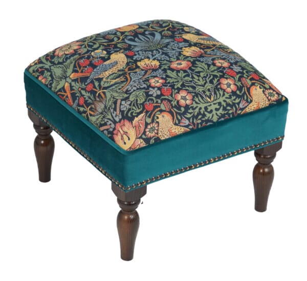 Strawberry Thief Teal Upholstered Stool with Velvet Sides