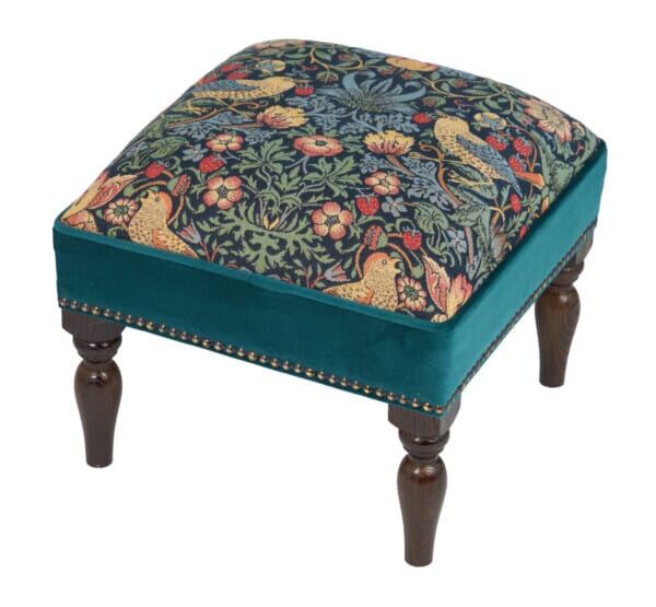 Strawberry Thief Teal Upholstered Stool with Velvet Sides