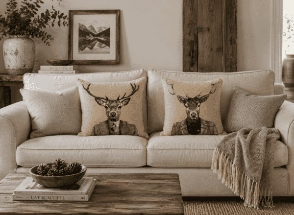 Pair of City Stag & Country Stag Tapestry Cushions with Feather Filler - 46x46cm - Save £20