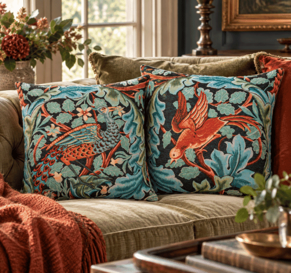 Pair of Acanthus Peacock & Bird Tapestry Cushions with Feather Filler - 46x46cm - Save £40