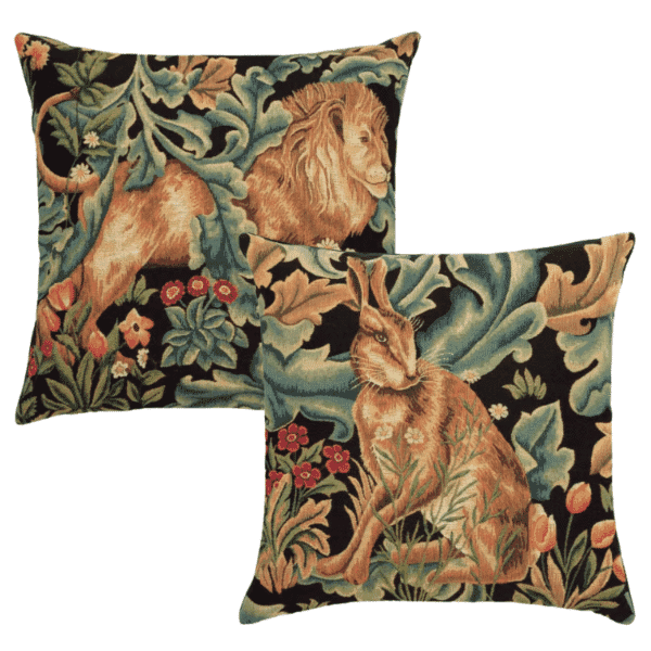 Pair of Forest Lion & Hare Tapestry Cushions with Feather Filler - 46x46cm - Save £20