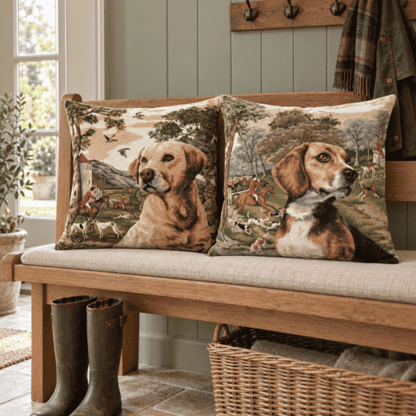 Pair of Beagle & Retriever Tapestry Cushions with Feather Filler - 46x46cm - Save £20