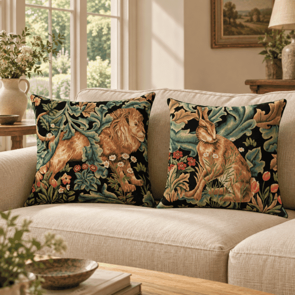Pair of Forest Lion & Hare Tapestry Cushions with Feather Filler - 46x46cm - Save £20