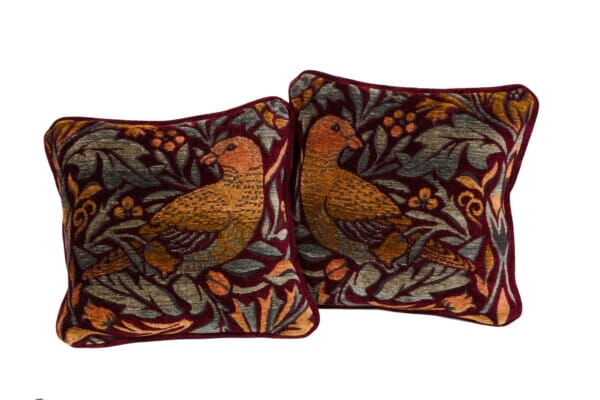 Pair of Morris Birds Burgundy Cushions with Feather Fillers - 30x30cm (12