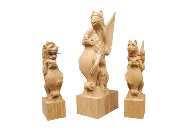 Set of 3 - Solid Oak Hand-Carved Griffin, Lion & Wyevern Heraldic Beasts