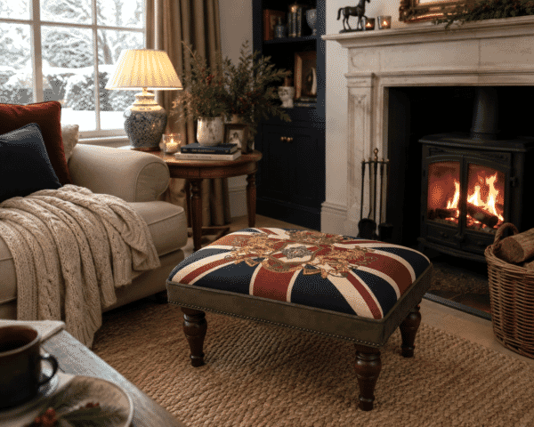 Union Jack Crest Upholstered Stool with Velvet Sides
