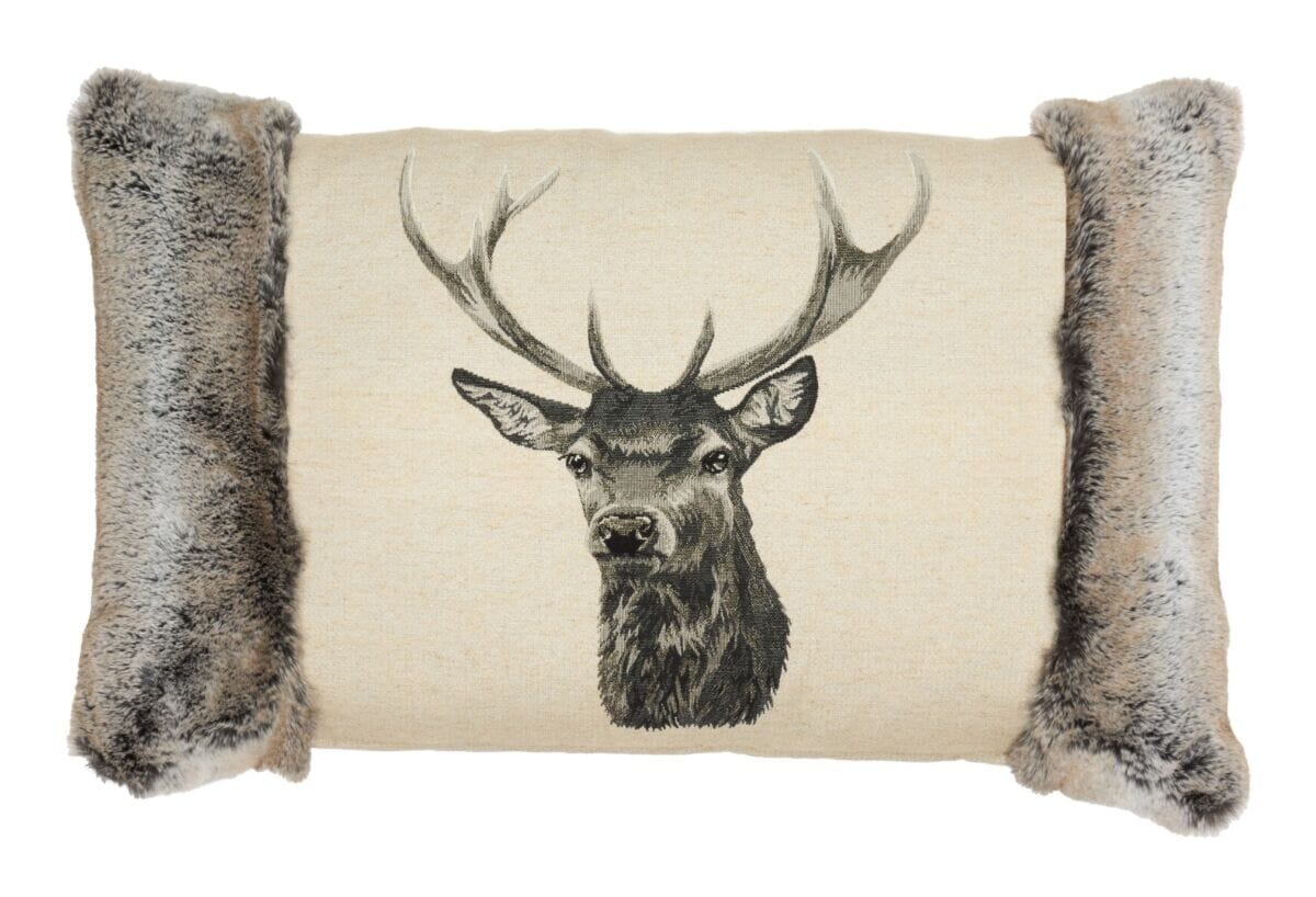 Country Linen Stag with Faux Fur Large Cushion with Feather Filler 45x65cm 18 x25