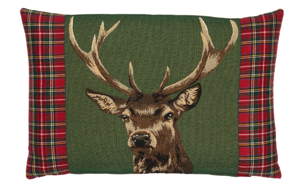 Scottish Stag Green Tartan Cushion with Tartan sides 33x46cm 15 x18