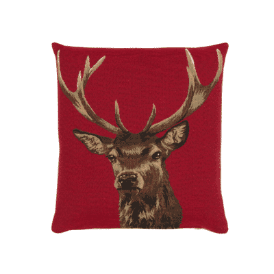 Stag on Red Tapestry Cushion with Feather Filler - 33x33cm (13"x13")